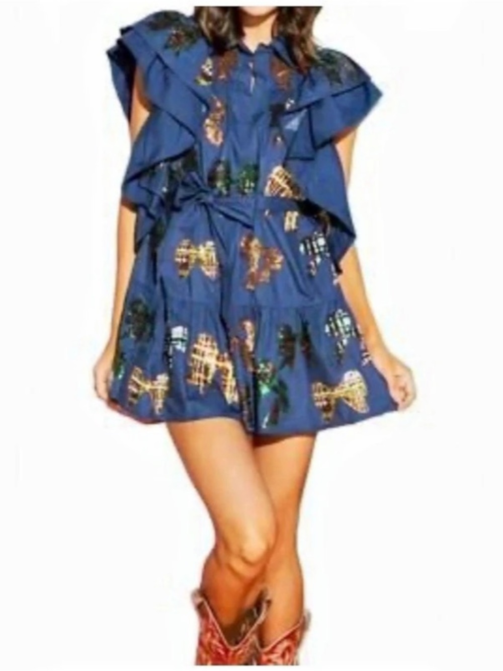 QUEEN OF SPARKLES Blue Sequin Bow Mini Dress Size Small NWOT